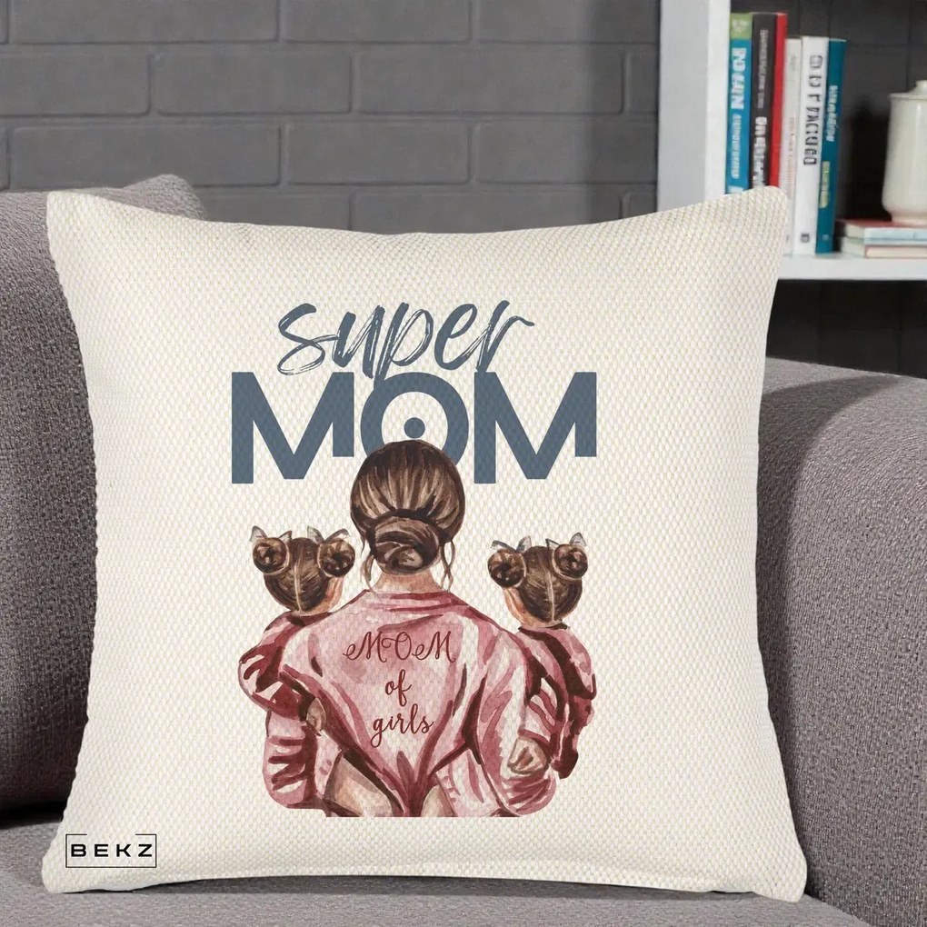 Cadou pentru Mama - Perna Personalizata Super Mom of Girls Mama cu Gemene, 40x40 cm, Crem Reliefat, Husa Detasabila, Perna Inclusa, BEKZ®