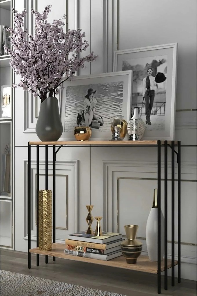 Consola VERONA, stejar/negru, PAL melaminat/metal, 90x26x74 cm