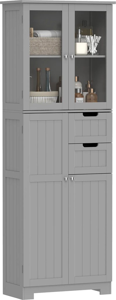 HOMCOM Dulap înalt pentru baie, mobilier de depozitare cu 4 uși dintre care 2 vitrate, 2 sertare și polițe reglabile, alb | Aosom Romania