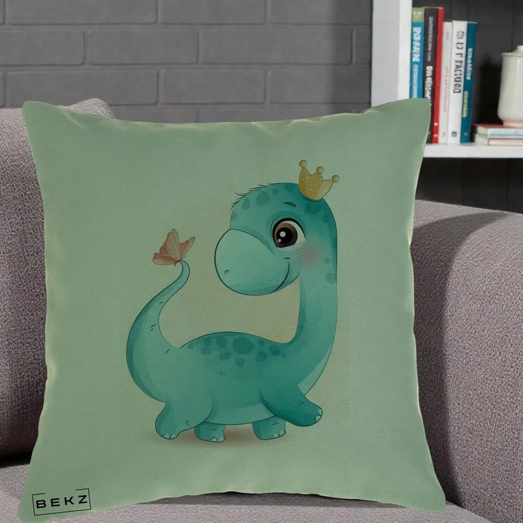 Perna Personalizata Dinozaur Bland Coroana Kawaii, 40x40 cm, Verde, Husa Detasabila, Perna Inclusa, BEKZ®