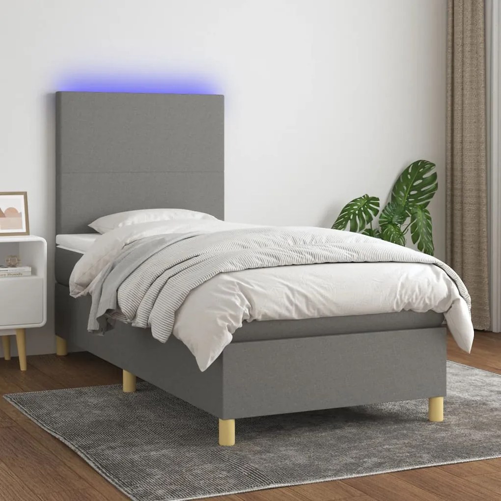 vidaXL Pat cu arcuri, saltea și LED, gri închis, 100x200 cm, textil