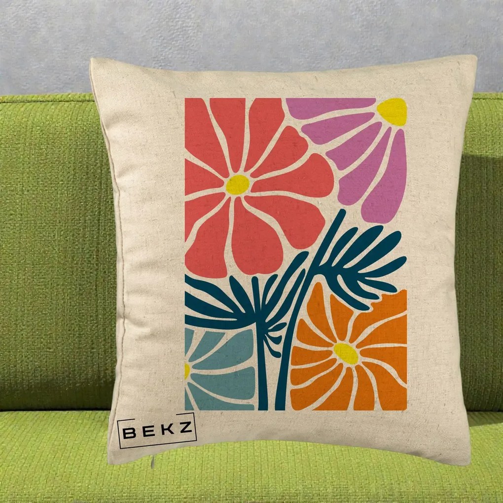 Perna Decorativa Flori Grafice Roz-Orange-Albastru, 40x40 cm, Bej, Husa Detasabila, Perna Inclusa, BEKZ®