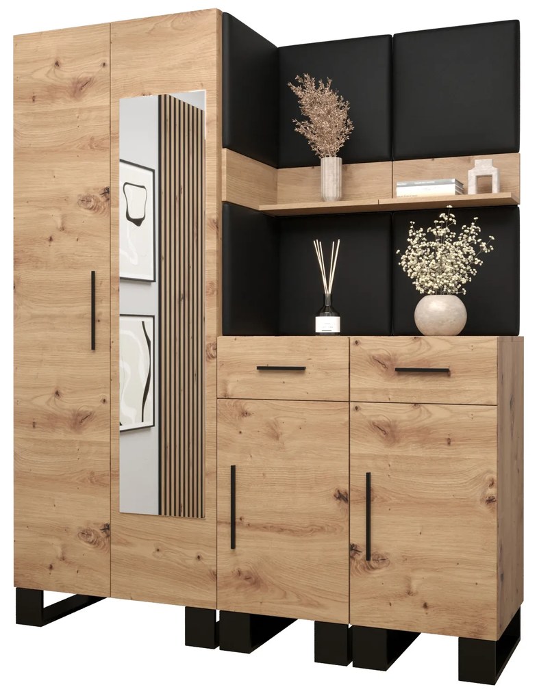 Set mobilier pentru hol Amanda 15 (Stejar artisan + piele ecologică Negru). 1085991