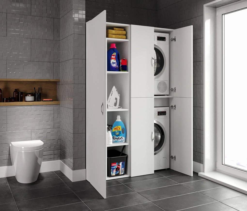 Set Dulap Baie pentru Masina de spalat, uscator si masa de calcat, Miranda , Alb,   71x194x69 - 54 x 194 x 52 cm