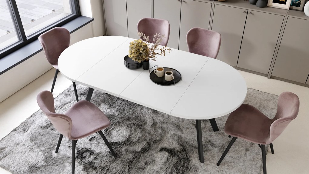 Mazzoni ALMO Alb Mat/picioare negre - MASĂ ROTUNDĂ EXTENSIBILĂ CU PICIOARE ÎN FORMĂ DE Y STIL LOFT PENTRU SALON/SUFRAGERIE