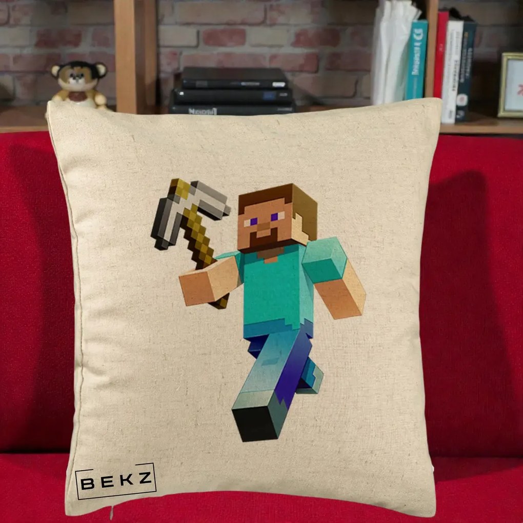 Perna Personalizata Minecraft Steve cu Tarnacop, 40x40 cm, Bej, Husa Detasabila, Perna Inclusa, BEKZ®