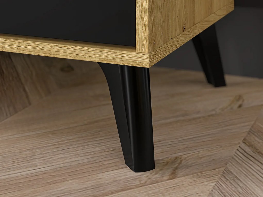 Comoda cu 3 sertare si 2 usi, stejar artisan negru, 165x83x40 cm, modern ,model pe mijloc usa, picioare negre , pentru living , dormitor, hol stejar
