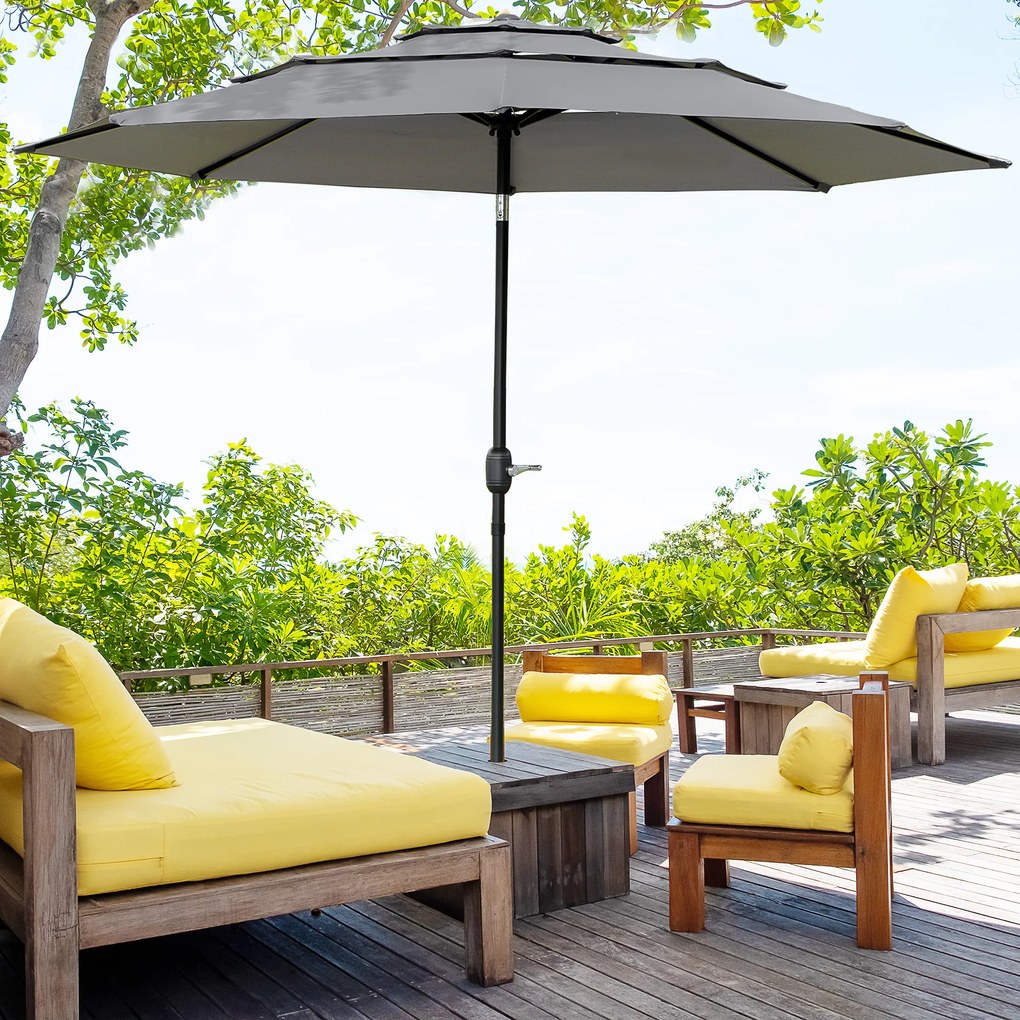 Outsunny Umbrelă de grădină exterioară umbrelă inclinabilă Ø 2,85 x 2,5 m cu manivelă, 2 deschideri, pânză 180 g/m², anti-UV, gri | Aosom Romania