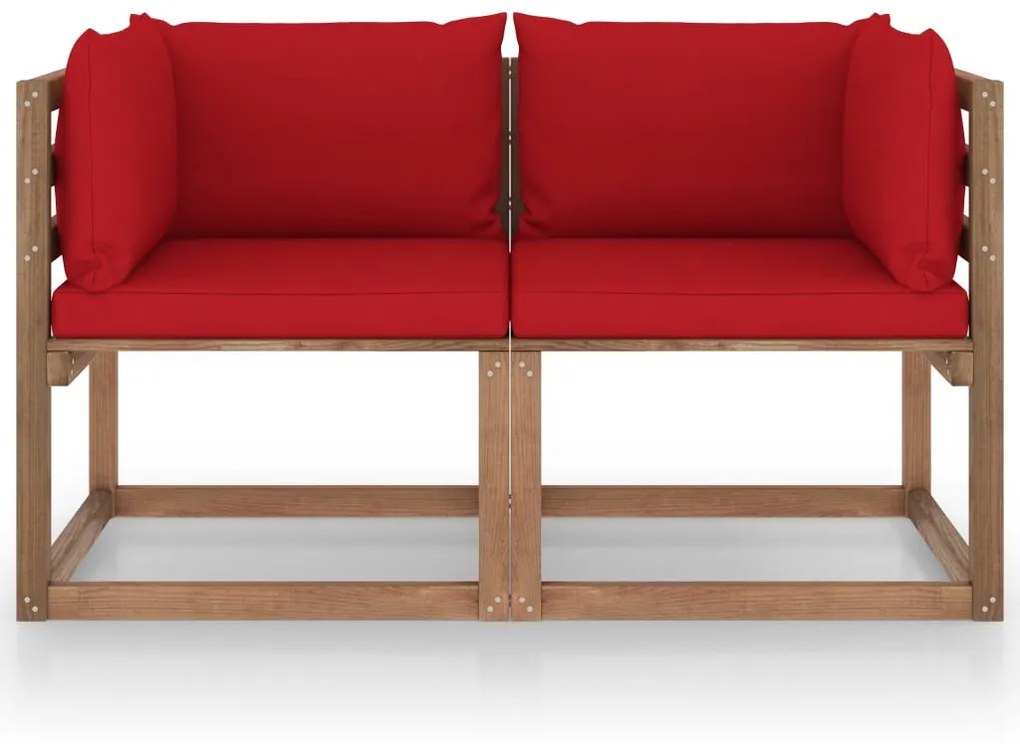 Canapea din paleti de gradina, 2 locuri, perne rosii, lemn pin