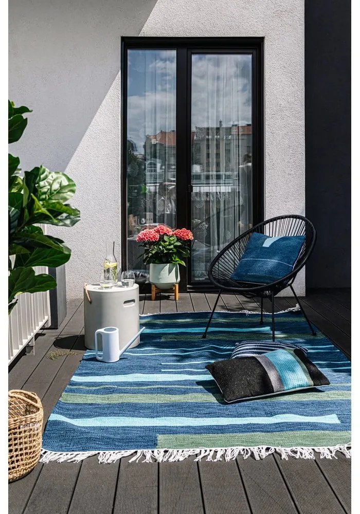 Covor reversibil pentru exterior din plastic reciclat Green Decore Marlin, 90 x 150 cm, albastru-închis