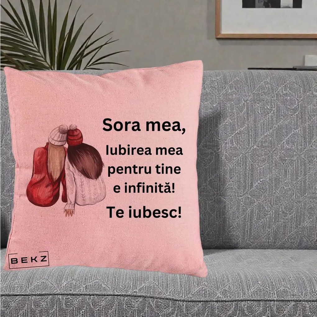 Cadou pentru Sora - Perna Personalizata Sora Mea Te Iubesc Doua Fete Iarna Acuarela, 40x40 cm, Roz, Husa Detasabila, Perna Inclusa, BEKZ®