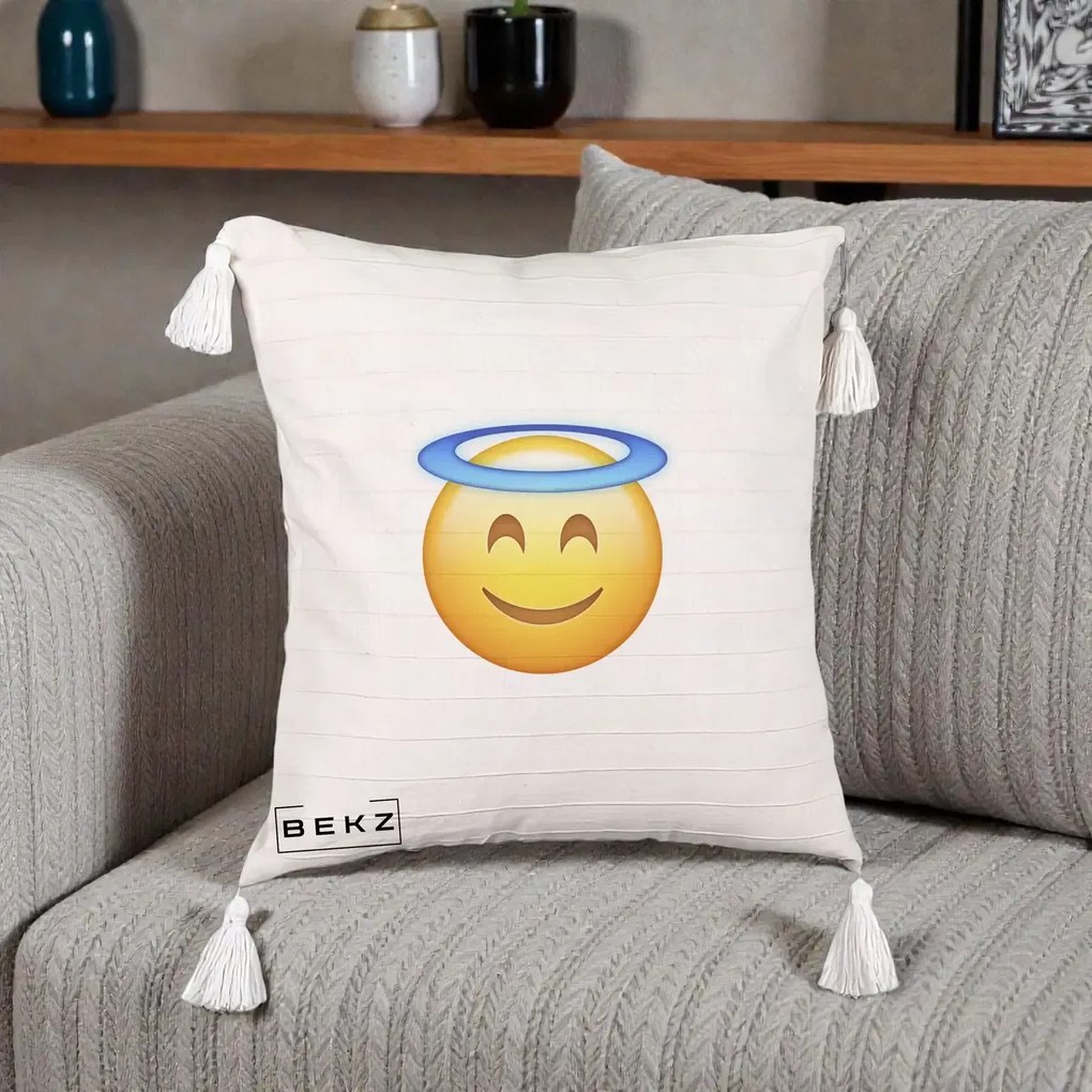 Perna Decorativa Emoji Inger cu Aureola, 40x40 cm, Bej cu Franjuri, Husa Detasabila, Perna Inclusa, BEKZ®
