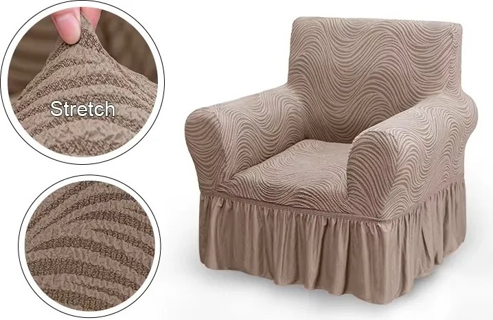 Husa elastica pentru fotoliu, cu volanas, model Jacquard Cappuccino in dungi