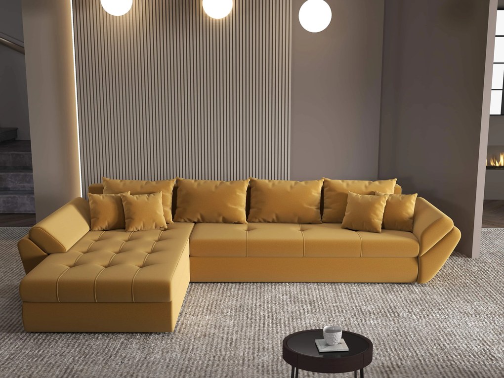 Colțar extensibil dumonde cu ladă de depozitare si sezut confortabil din spuma high-density, Loana XL Royal Mustar 335x185 cm