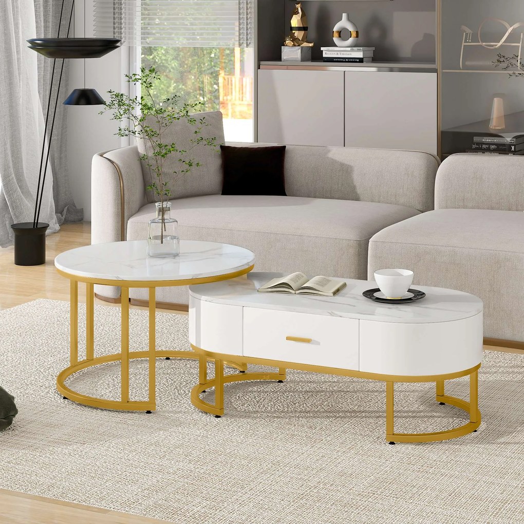Set de 2 Măsuțe de Cafea Moderne cu Structură din Metal Auriu și Rafturi Spațioase, Dimensiuni 100x48x38,5 cm și 70x70x44,5 cm, Alb