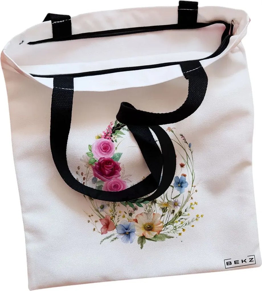 Sacosa de Panza pentru Cumparaturi, Geanta Tote, Cu litera O in Coronita Florala, Cu fermoar, 38x34.5 cm, Alba, BEKZ®