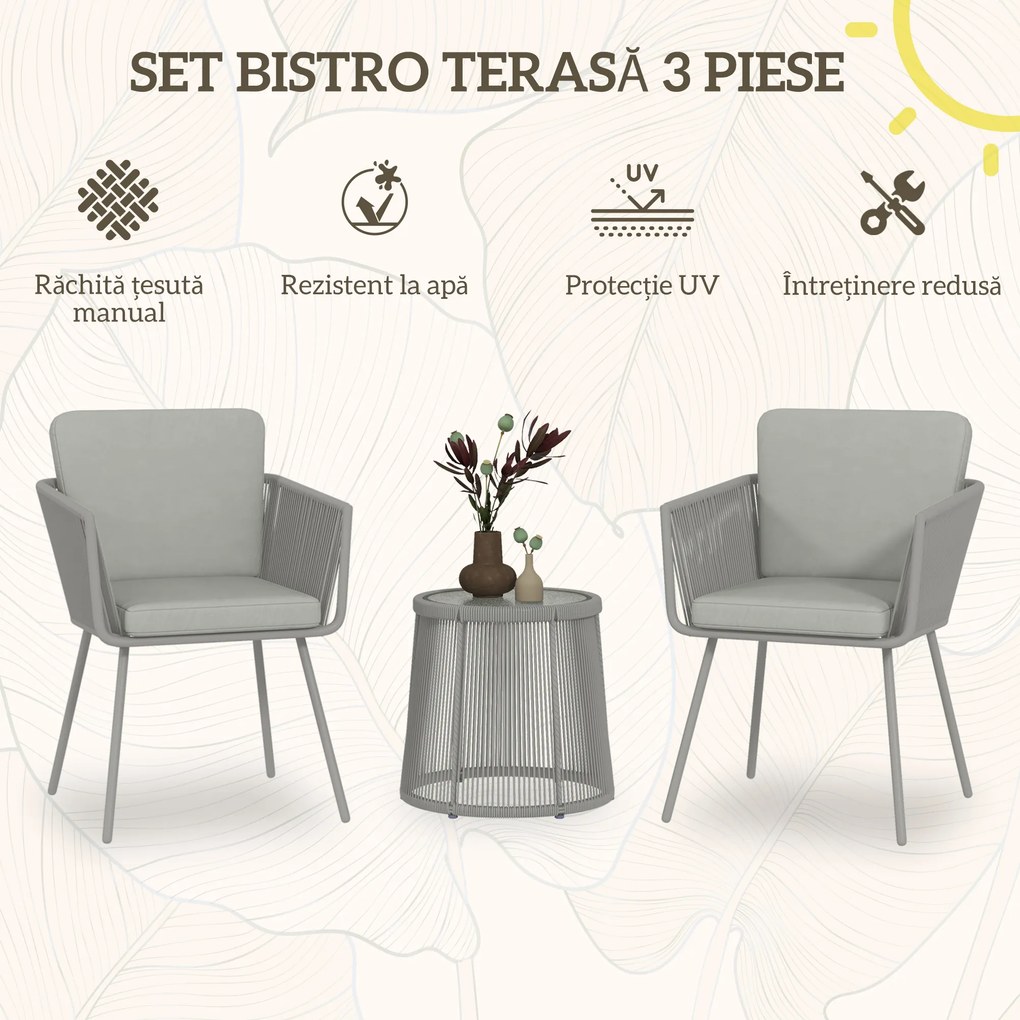 Outsunny Set Mobilier de Grădina cu 2 Scaune și Măsuță de Cafea cu Blat din Sticlă, Ø49x47 cm, Gri | Aosom Romania