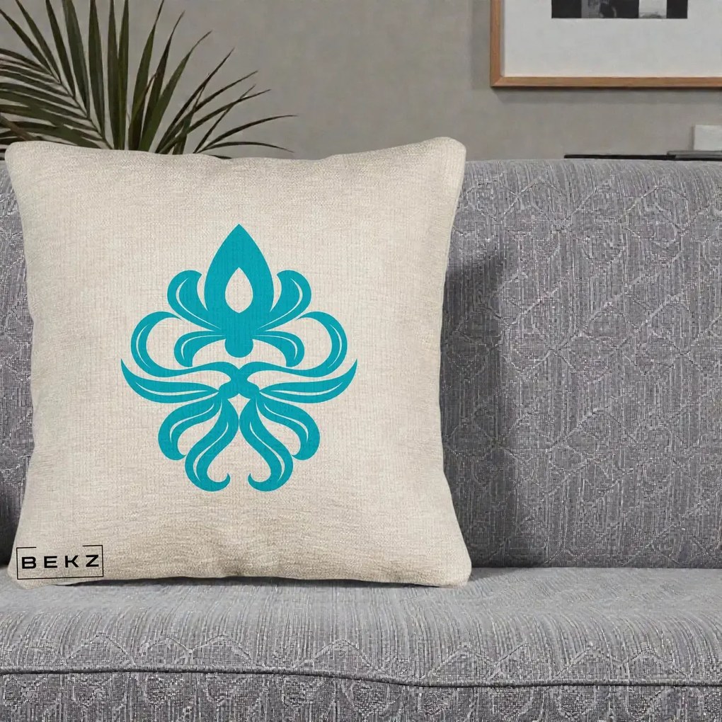 Perna Decorativa Ornament Turcoaz Fleur de Lis, 40x40 cm, Bej Canapea, Husa Detasabila, Perna Inclusa, BEKZ®