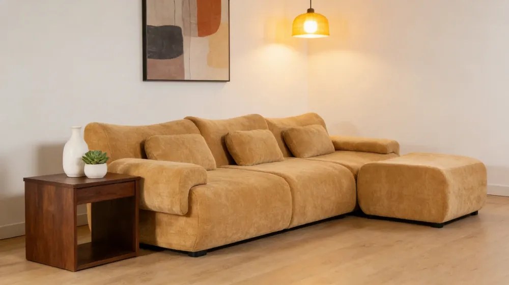 VELORA – Canapea Modulară din Chenille Premium, din spumă de înaltă densitate, L-Shape, 3 perne, Ultra Confort & Design Reconfigurabil, Galben