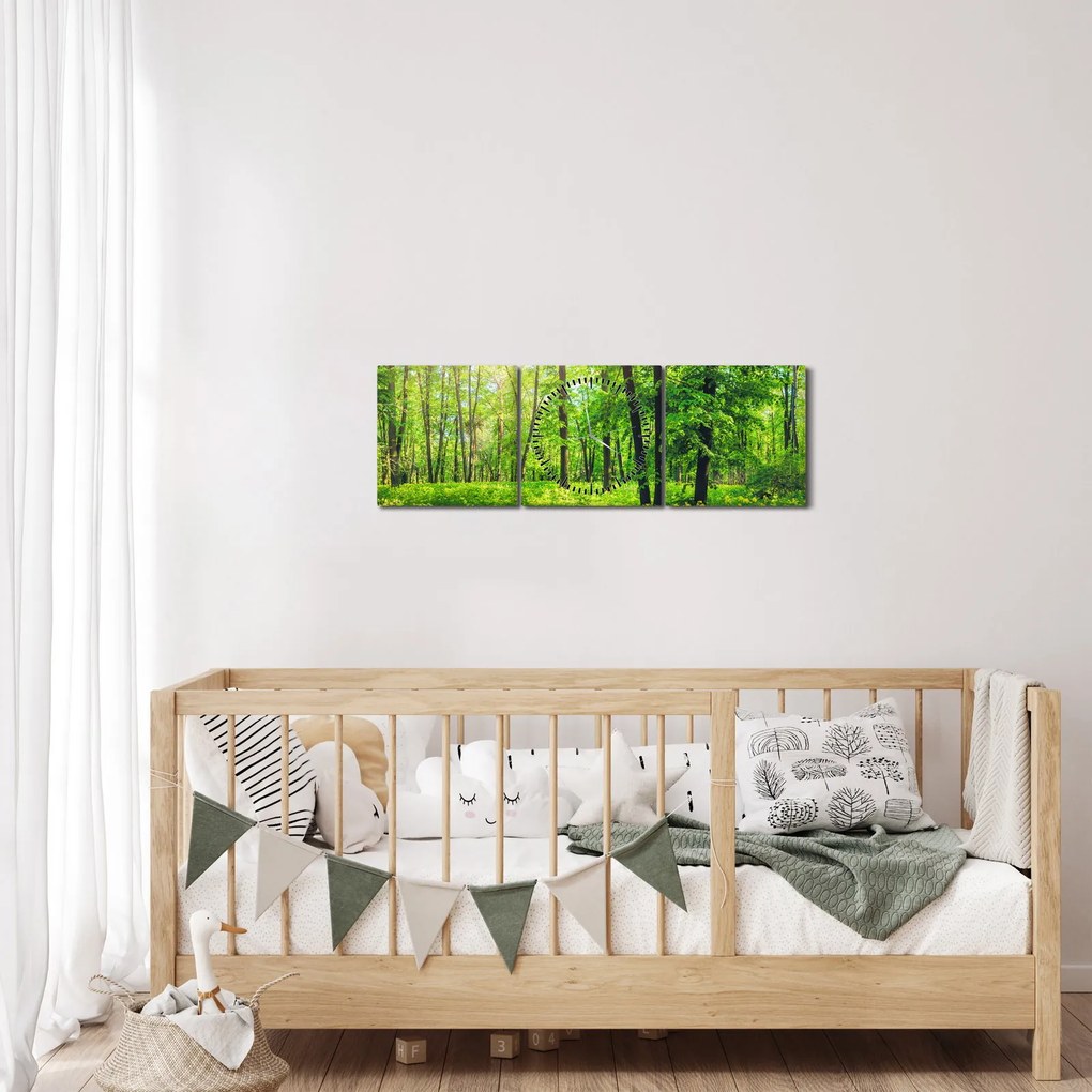 Tablou - Pădurea cu frunze de primăvară (cu ceas) (90x30 cm)