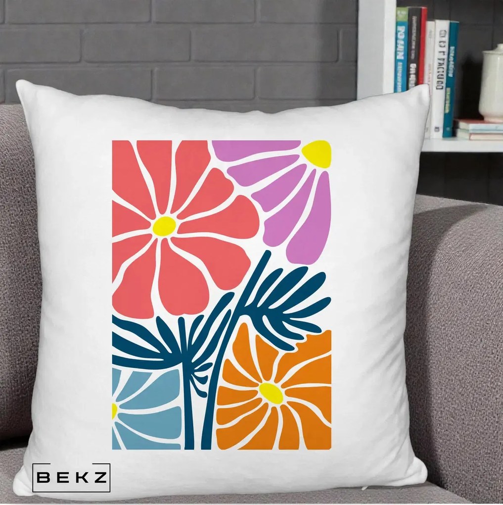 Perna Decorativa Flori Grafice Roz-Orange-Albastru, 40x40 cm, Alb Pufos, Husa Detasabila, Perna Inclusa, BEKZ®