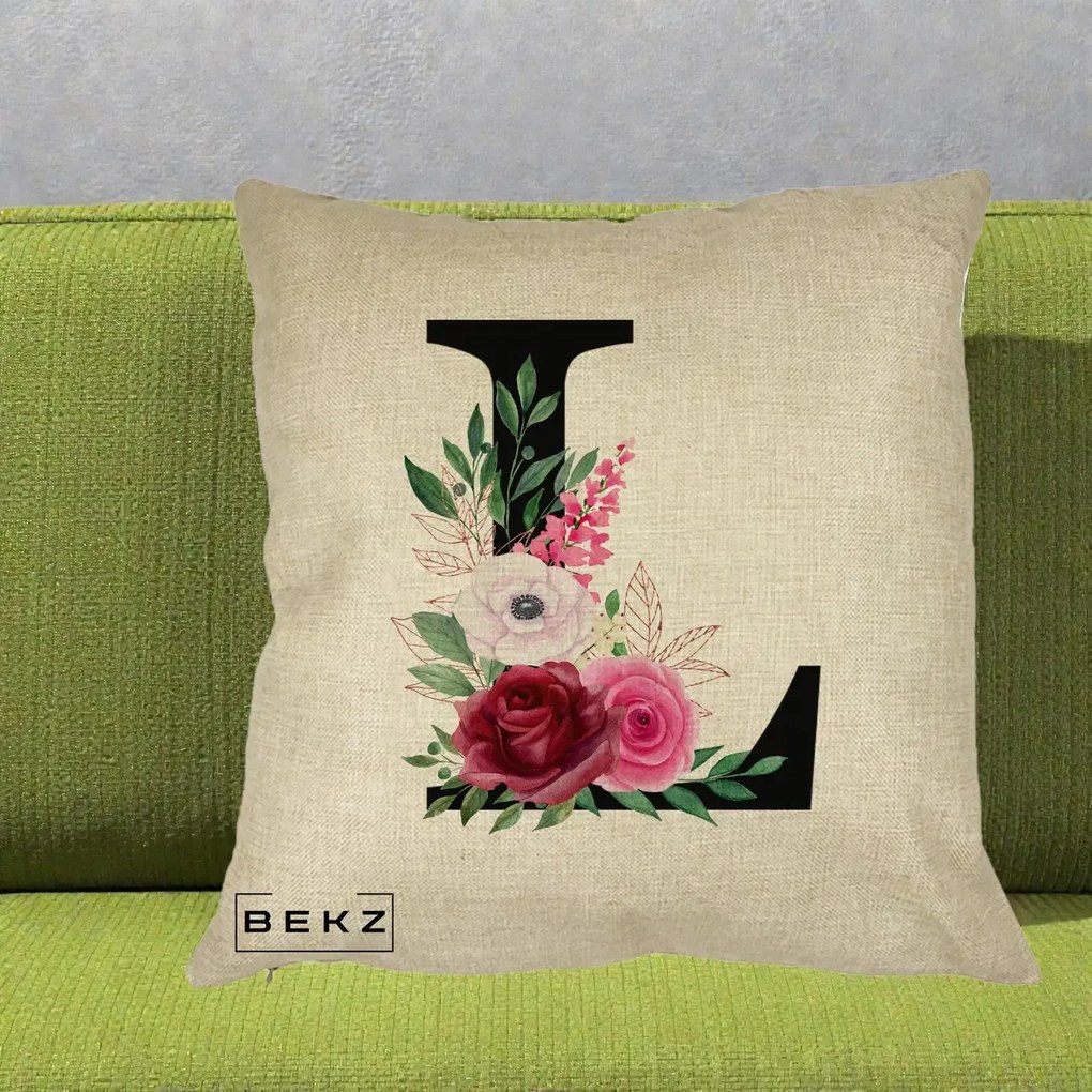 Cadou Personalizat - Perna Personalizata Monograma Florala Litera L, 40x40 cm, Crem, Husa Detasabila, Perna Inclusa, BEKZ®