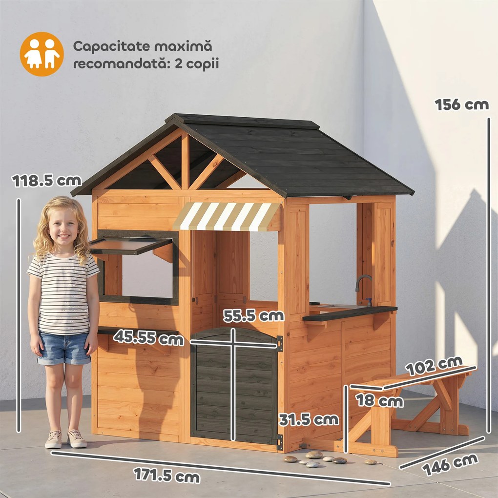 AIYAPLAY Căsuță de Grădină pentru Copii din Lemn de Brad, Căsuță pentru Exterior cu Bucătărie, 4 Ferestre, Ușă Parțială, Bancă, Raft și Acoperiș, pentru Copii 3-8 Ani, 171.5x146x156 cm, Maro | Aosom Romania