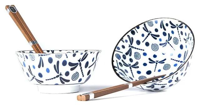 Set 2 boluri din ceramică și bețișoare MIJ Blue Dragonfly, albastru-alb