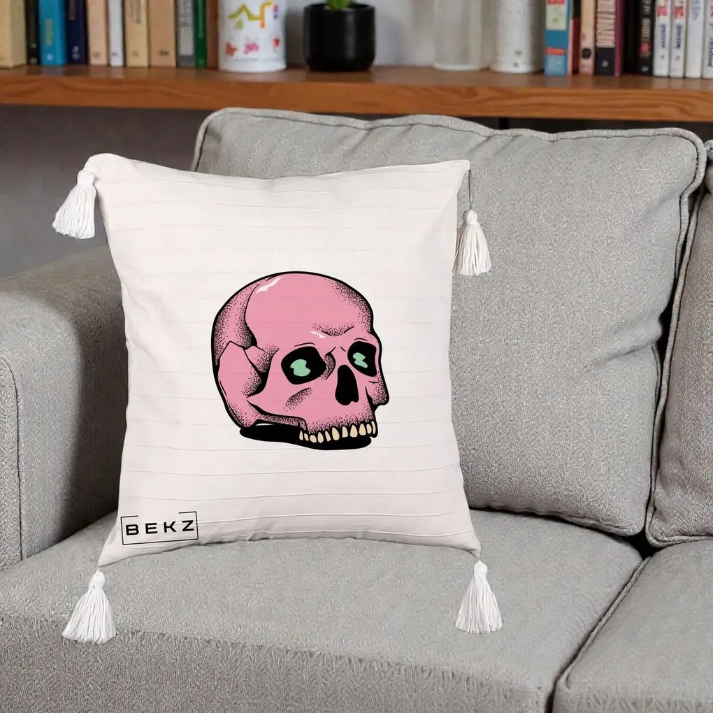 Perna Decorativa Craniu Roz Tatoo Art Halloween, 40x40 cm, Bej cu Franjuri, Husa Detasabila, Perna Inclusa, BEKZ®