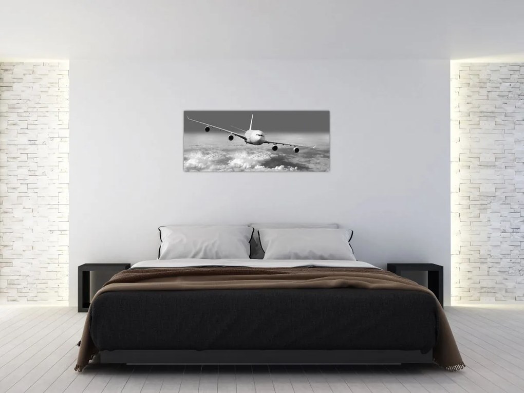 Tablou - Avion în nori, alb și negru (120x50 cm)