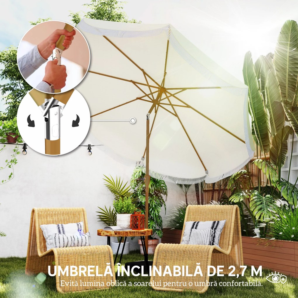 Outsunny Umbrelă Boho de Ø2.7 m pentru Exterior cu Protecție UV30+, Manivelă Manuală și Acoperiș Dublu cu Franjuri Bej | Aosom Romania
