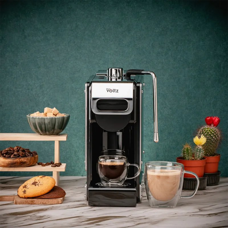 La mâna a doua: Espressor cafea macinata si capsule 8in1 Oliver Voltz OV51171N8M, 1450W, 1 L, 5 adaptoare, 19 bar, Negru/Argintiu