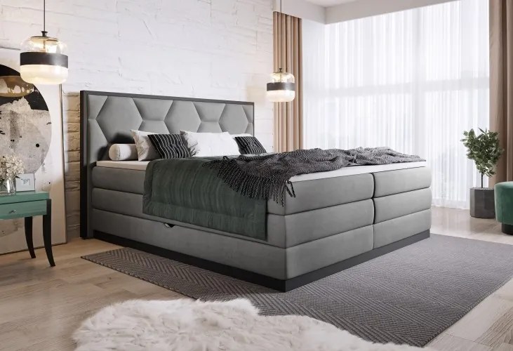 Pat rabatabil cu lada de depozitare, tapitat cu stofa Gia Boxspring Gri, topper inclus, 200 x 160 cm