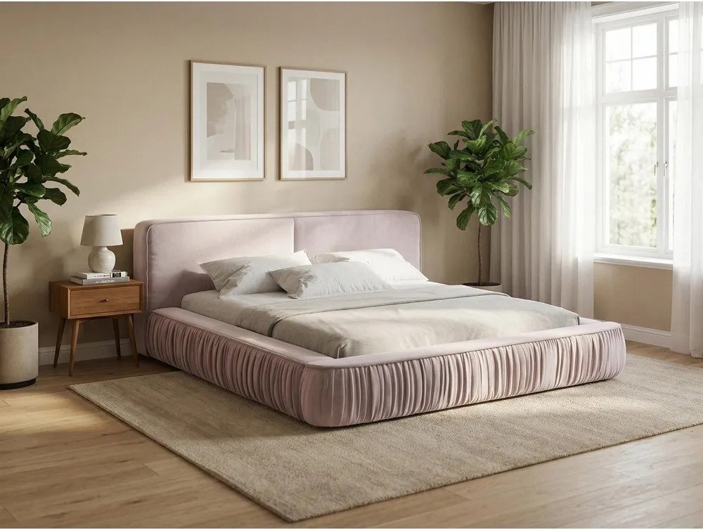 Pat dublu tapițat verde cu spațiu de depozitare cu grilă 160x200 cm Keoni - Makamii