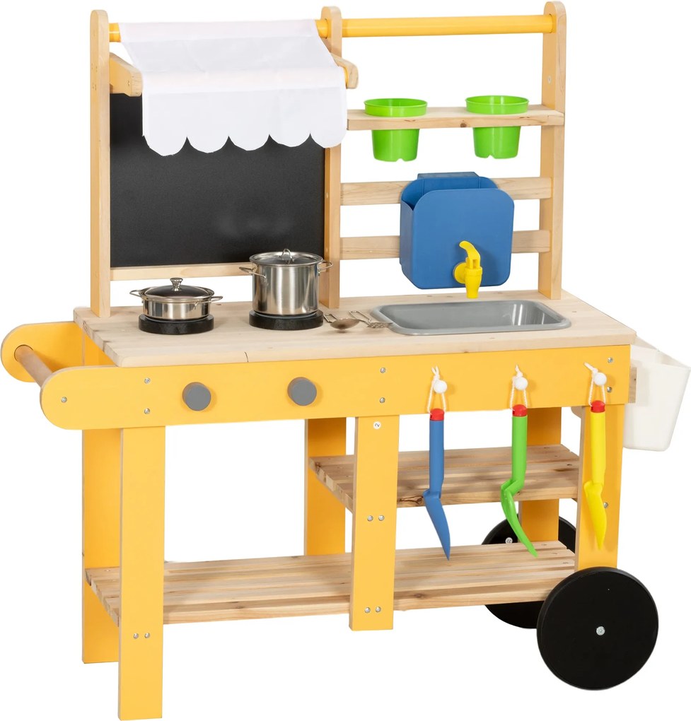 AIYAPLAY Bucătărie de jucărie exterioară din lemn cu roți Apă reală Ghivece Tablă și 15 accesorii 84,2x34,4x90 cm Galben | Aosom Romania