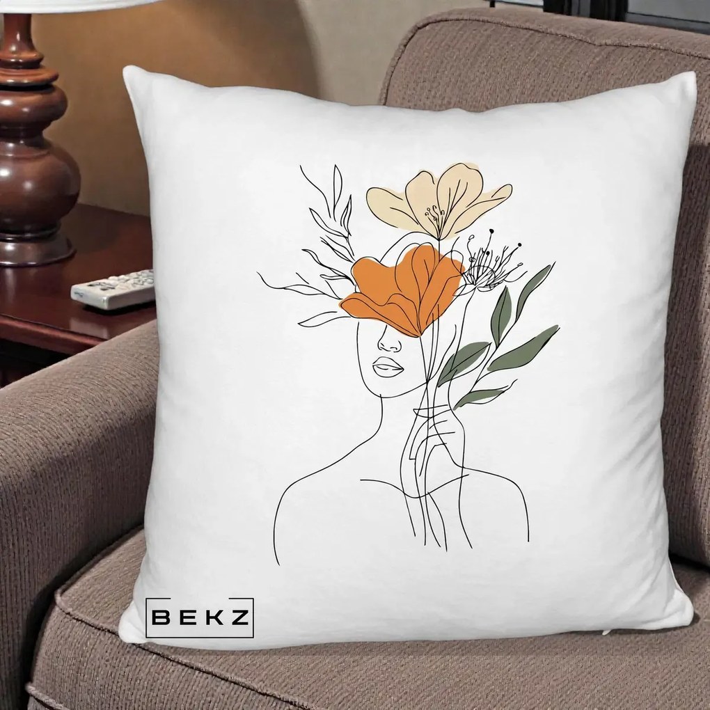 Perna decorativa line art Portret Feminin Coroana Florala, 40x40 cm cu Umplutura, Alb Pufos, BEKZ