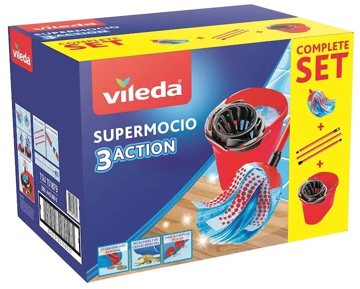 Set de curățat podele Vileda Super Mocio, 3 bucăți, 10 l, mecanism de scurgere, roșu