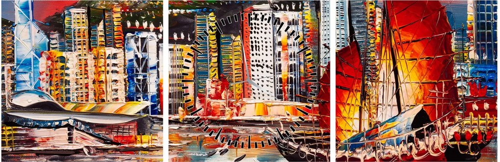 Tablou - Victoria Harbour, Hong Kong, pictură în ulei (cu ceas) (90x30 cm)