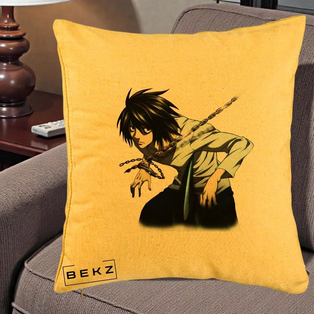 Perna Personalizata Death Note L Lawliet Lanturi, 40x40 cm, Galben, Husa Detasabila, Perna Inclusa, BEKZ®