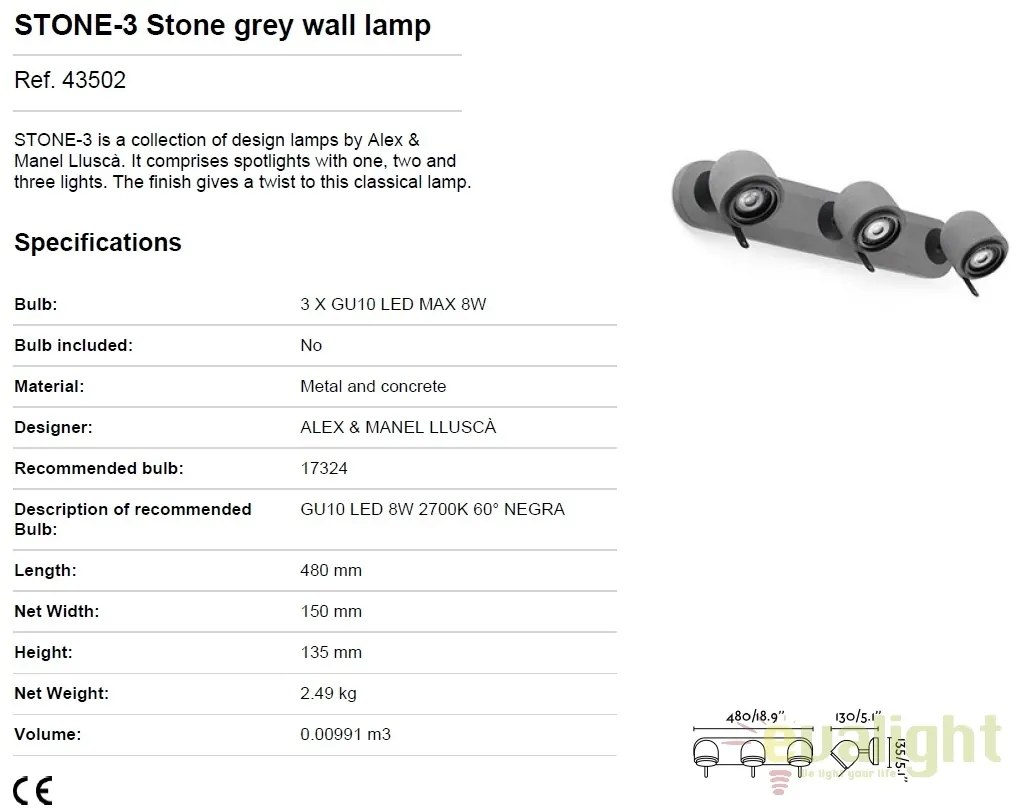 Aplica perete cu 3 spoturi directionabile STONE-3 gri 43502