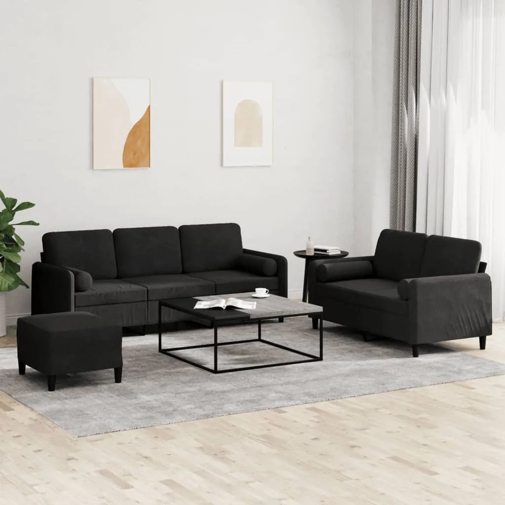 vidaXL Set de canapele cu perne, 3 piese, negru, catifea