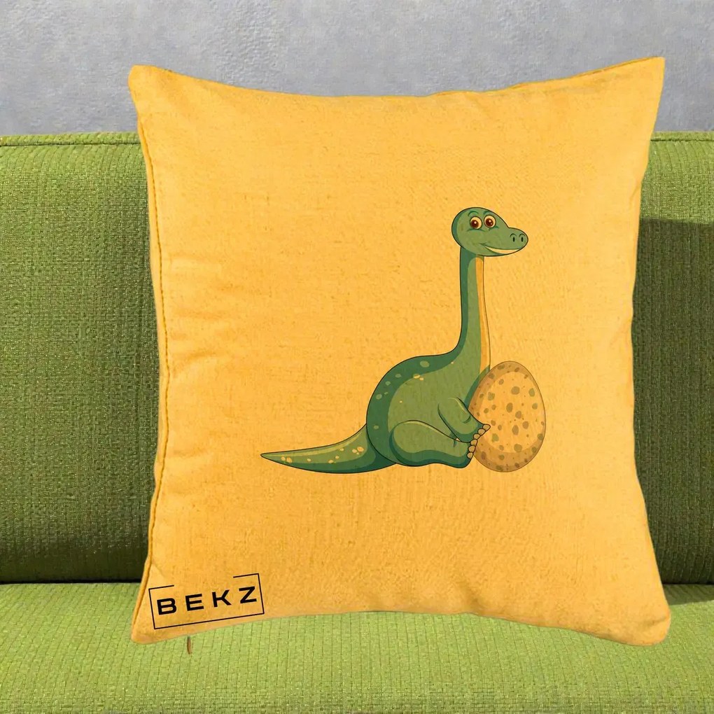 Perna Decorativa Brontosaur cu Ou, 40x40 cm, Galben, Husa Detasabila, Perna Inclusa, BEKZ®