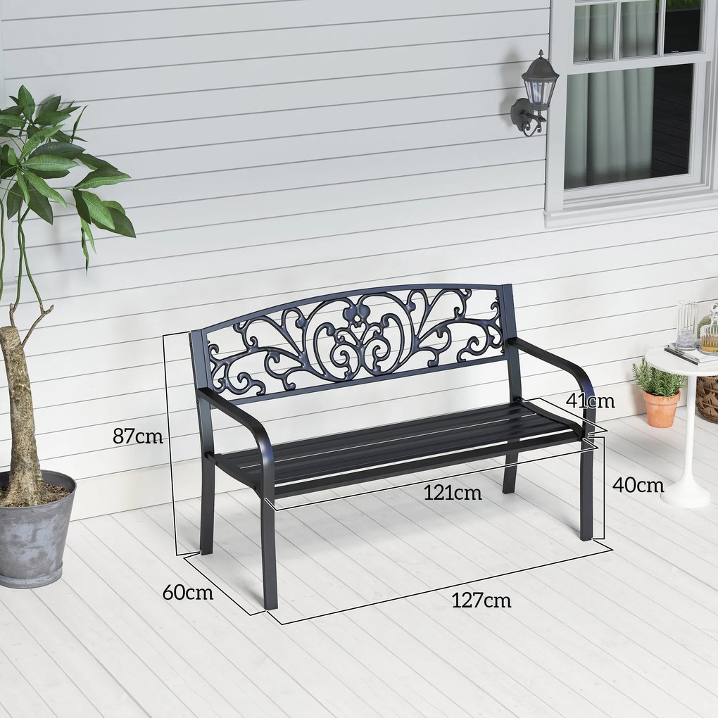 Outsunny Banca de gradina din metal cu spatar decorat, 127x60x87cm – negru | Aosom Romania