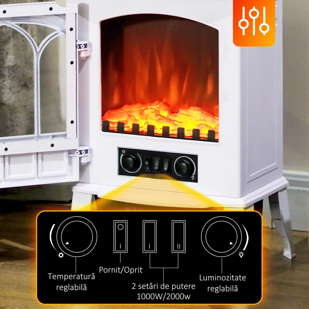 HOMCOM Șemineu Electric de Podea 1000W/2000W Efect de Flacără Luminositate Reglabilă Alb | Aosom Romania