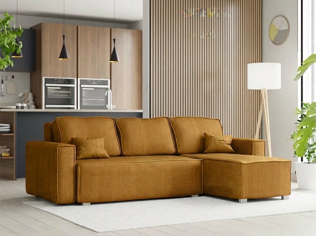 Canapea colt extensibila SMART COSARO mustar, cu colt bilateral + 2 perne CADOU