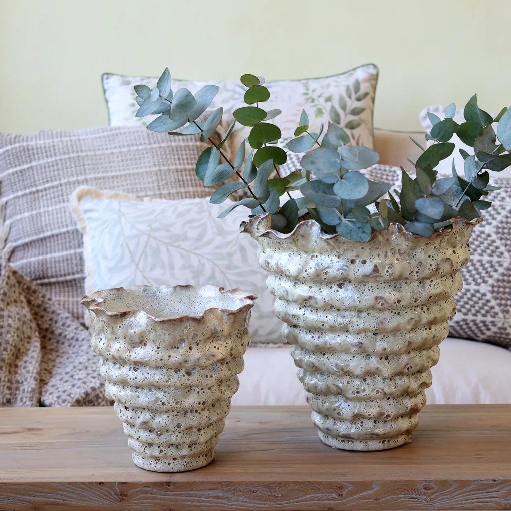 Vază din ceramică crem antichizat cu striații, H30/D30 cm