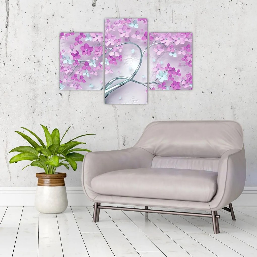 Tablouri cu flori pe trunchi argintiu - abstract (90x60 cm)
