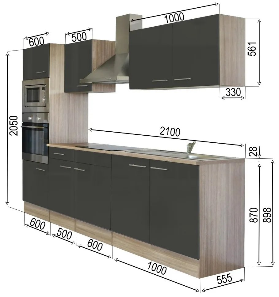 Mobilă de bucătărie Yorki 270 cu corp din stejar sonoma și față antracit satinat