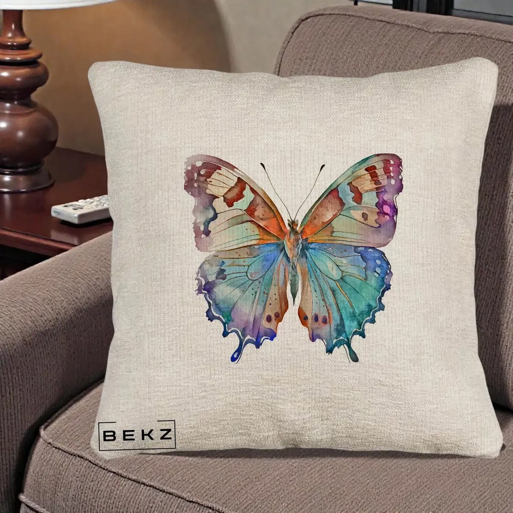 Perna Decorativa Fluture Acuarela Multicolor Portocaliu-Bleu-Mov, 40x40 cm, Bej Canapea, Husa Detasabila, Perna Inclusa, BEKZ®