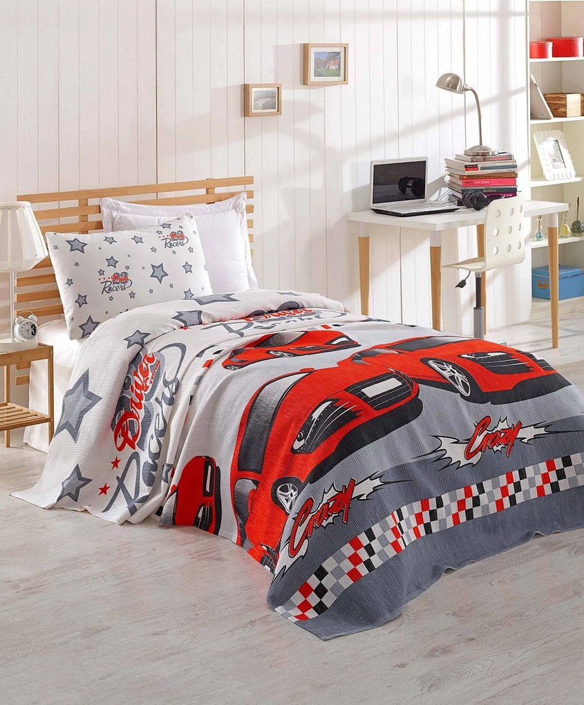 Set cuvertura pat CRAZY, multicolor, bumbac, 160x230 cm, cu fata de pe